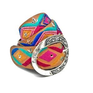 Chico’s Vintage Embroidered Leather Belt | Boho Western Large Silver Oval Buckle